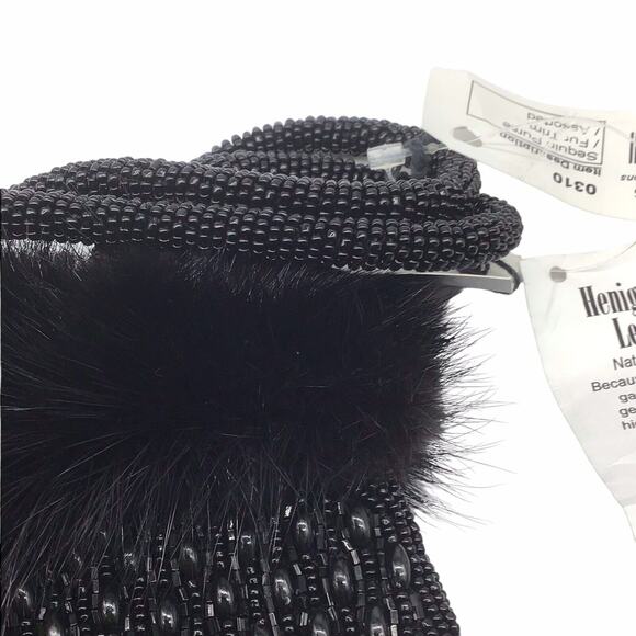 Mitchie’s Black Beaded Evening Bag Faux Fur Trim Top Handle Purse NWT Vintage - Picture 11 of 16